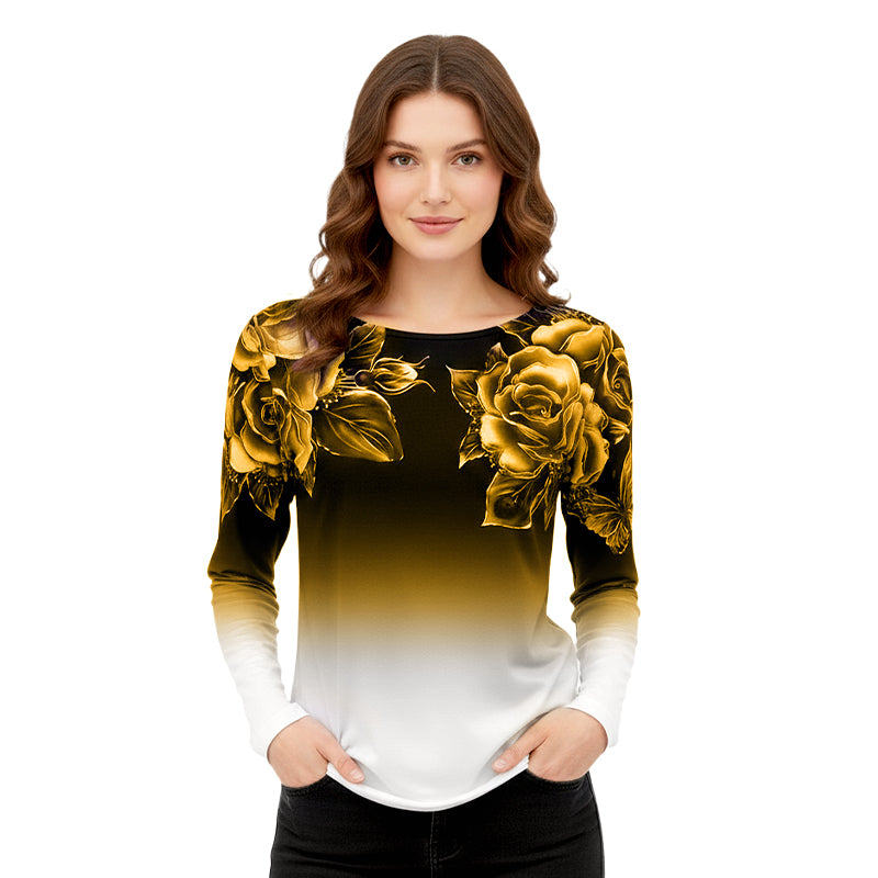 🌺Květinový top s dlouhým rukávem a kulatým výstřihem