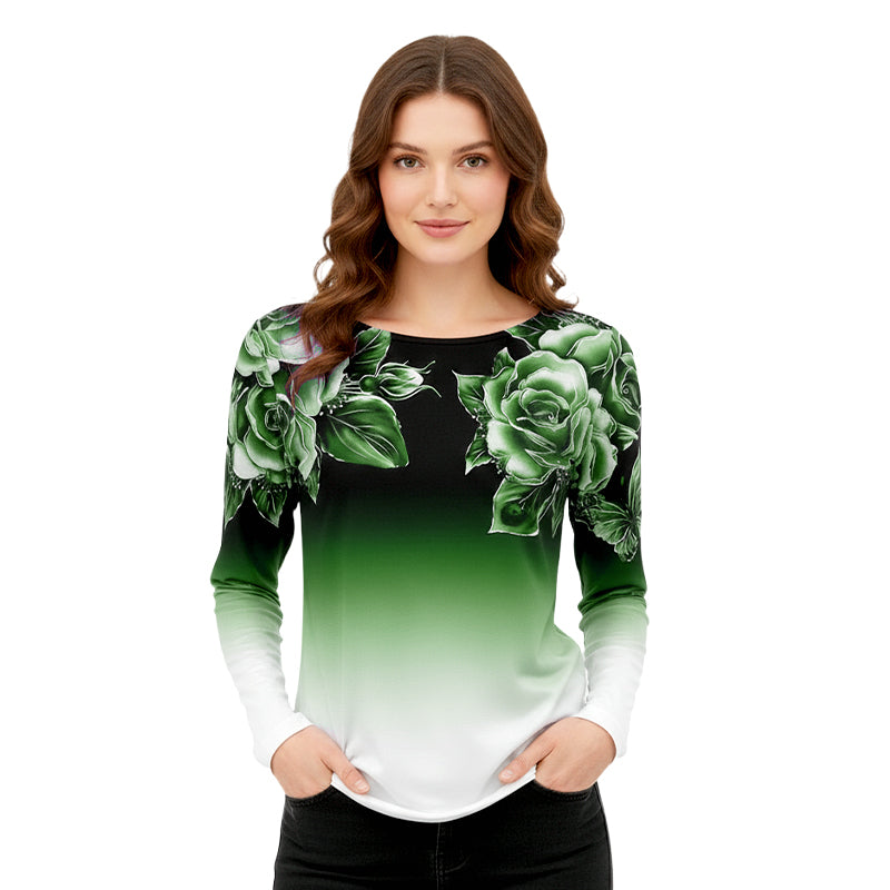 🌺Květinový top s dlouhým rukávem a kulatým výstřihem