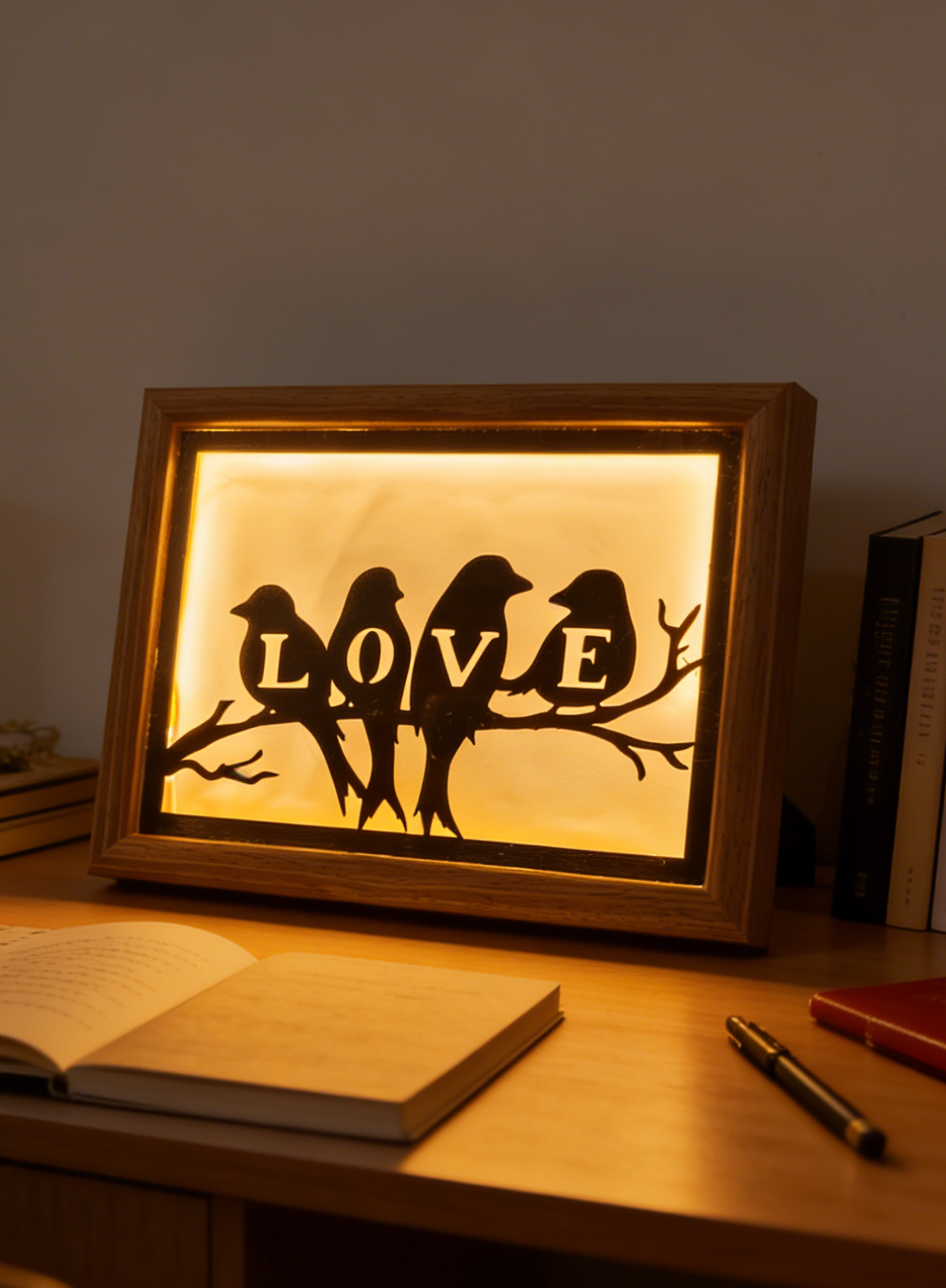 🌟 Láska v svetle a tieňoch · Svietiaci drevený rám „LOVE“ ✨Každý večer stojí za to uchovať