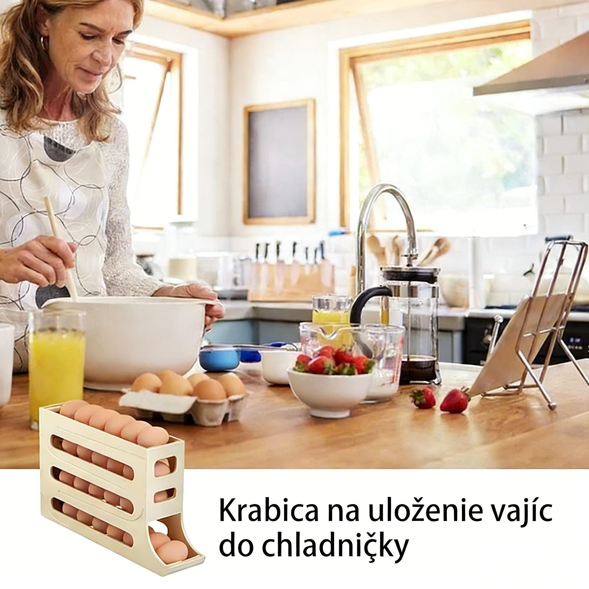 🥚 Automatický rolovací držiak na vajíčka do chladničky – úspora miesta, veľká kapacita