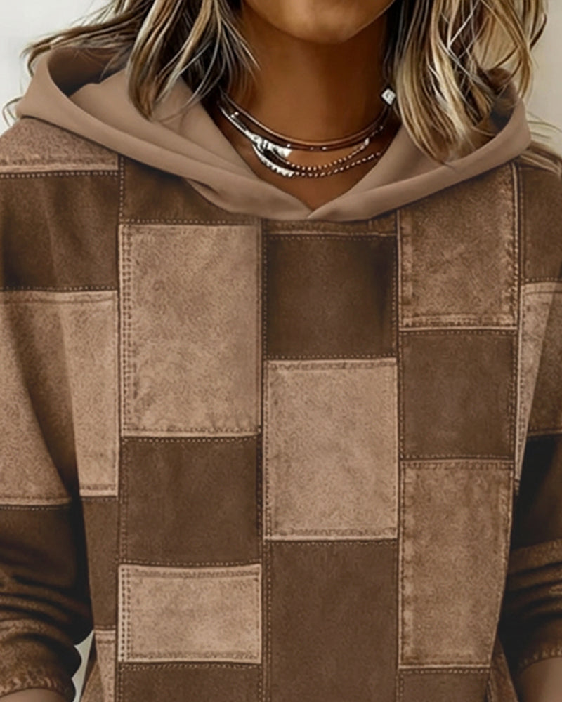 Stylowa damska bluza z kapturem w kratę i długim rękawem