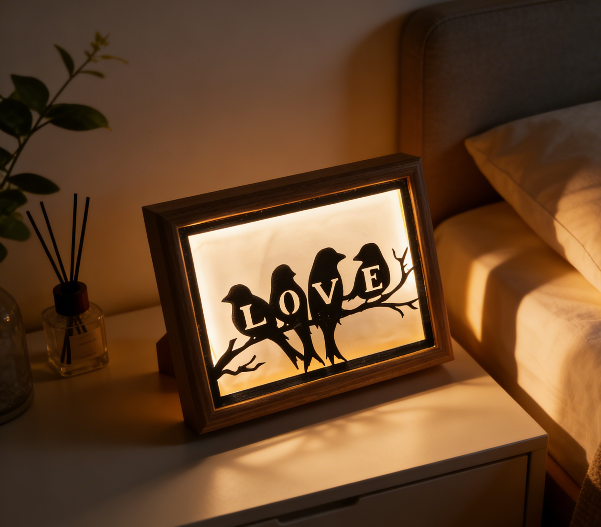 🌟 Láska v svetle a tieňoch · Svietiaci drevený rám „LOVE“ ✨Každý večer stojí za to uchovať