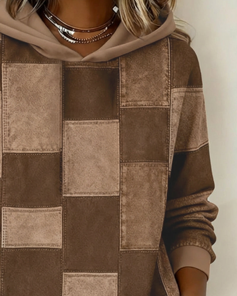 Stylowa damska bluza z kapturem w kratę i długim rękawem