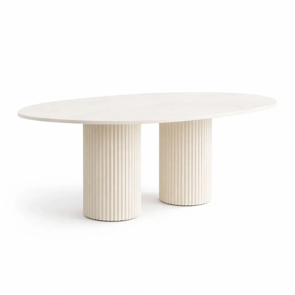 Esstisch elliptisch aus Marmorimitat mit geriffelten Säulenbeinen Weiß 200x100x75 cm-Mobetrix