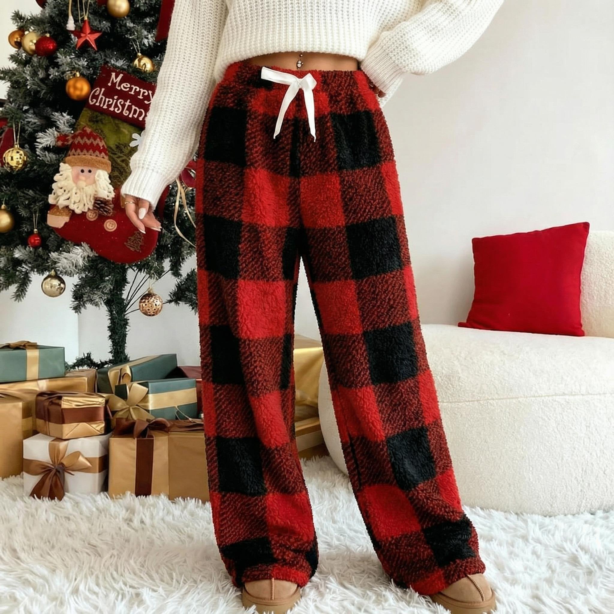 🔥Winter Vintage Plaid Elastic Straight Loose Thick Warm Casual Pants🌟