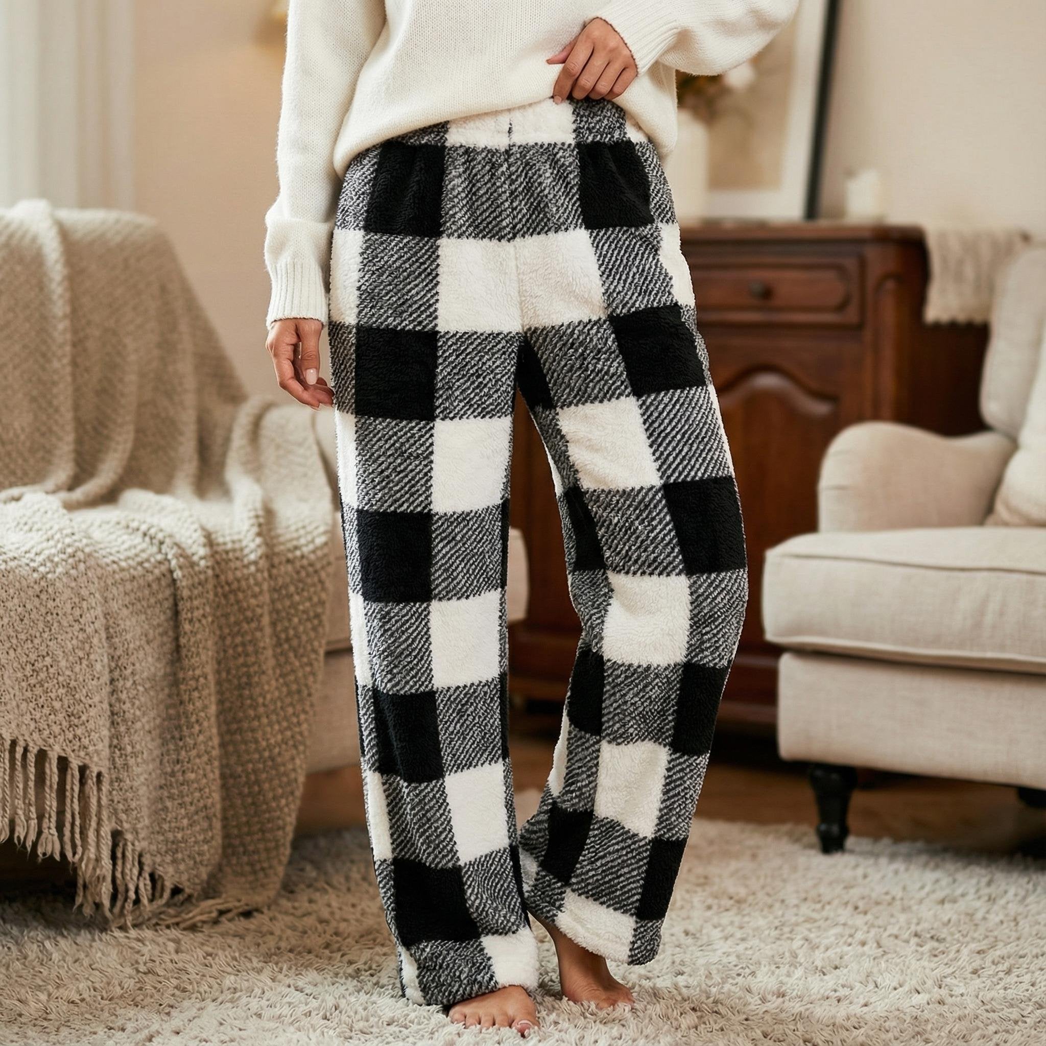 🔥Winter Vintage Plaid Elastic Straight Loose Thick Warm Casual Pants🌟