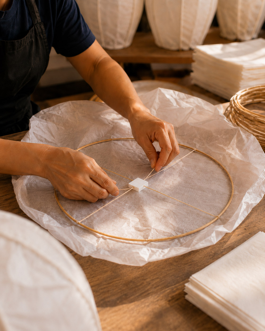 A skilled worker carefully assembling the frame and fuel cell of a white sky lantern by hand.