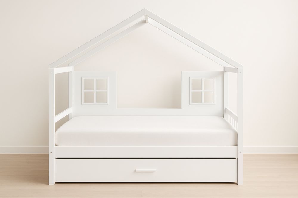 Lit cabane enfant en bois avec tiroir et cadre maison Blanc