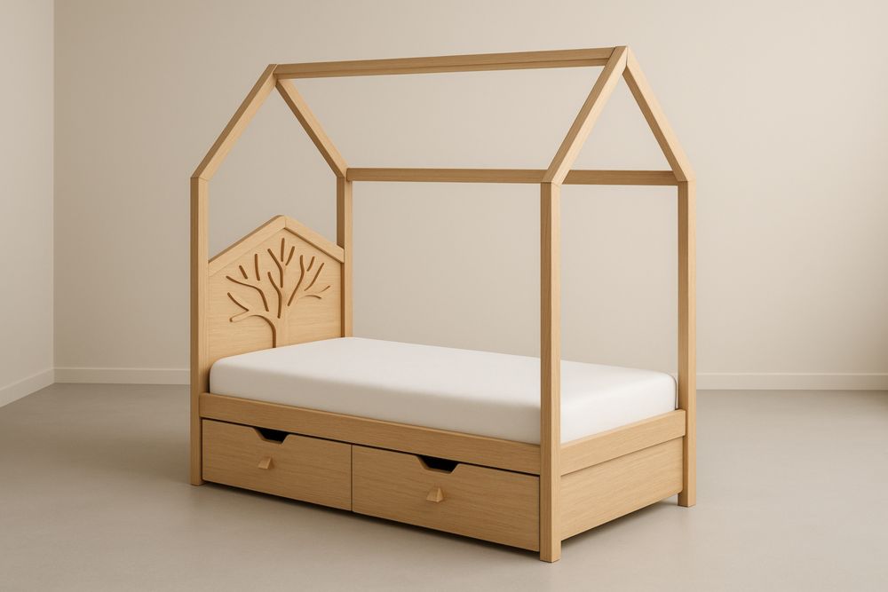 Lit enfant en pin naturel avec 2 tiroirs, 200×90×160 cm