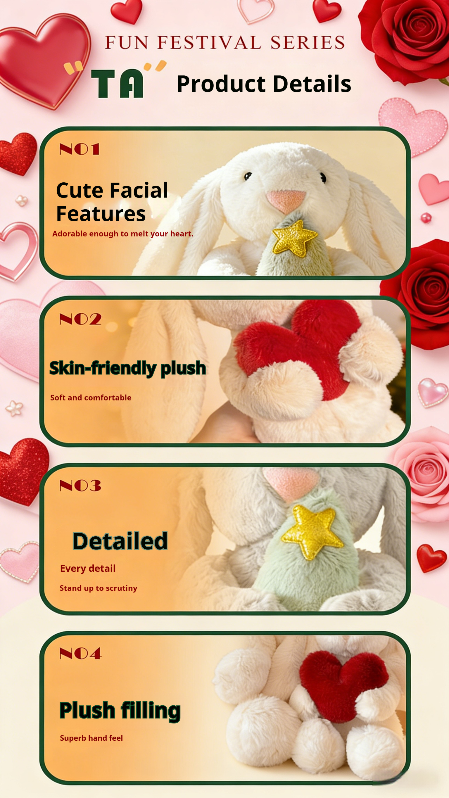 Cute Heart-Holding & Tree-Hugging Lop-Eared Rabbit Plush Doll