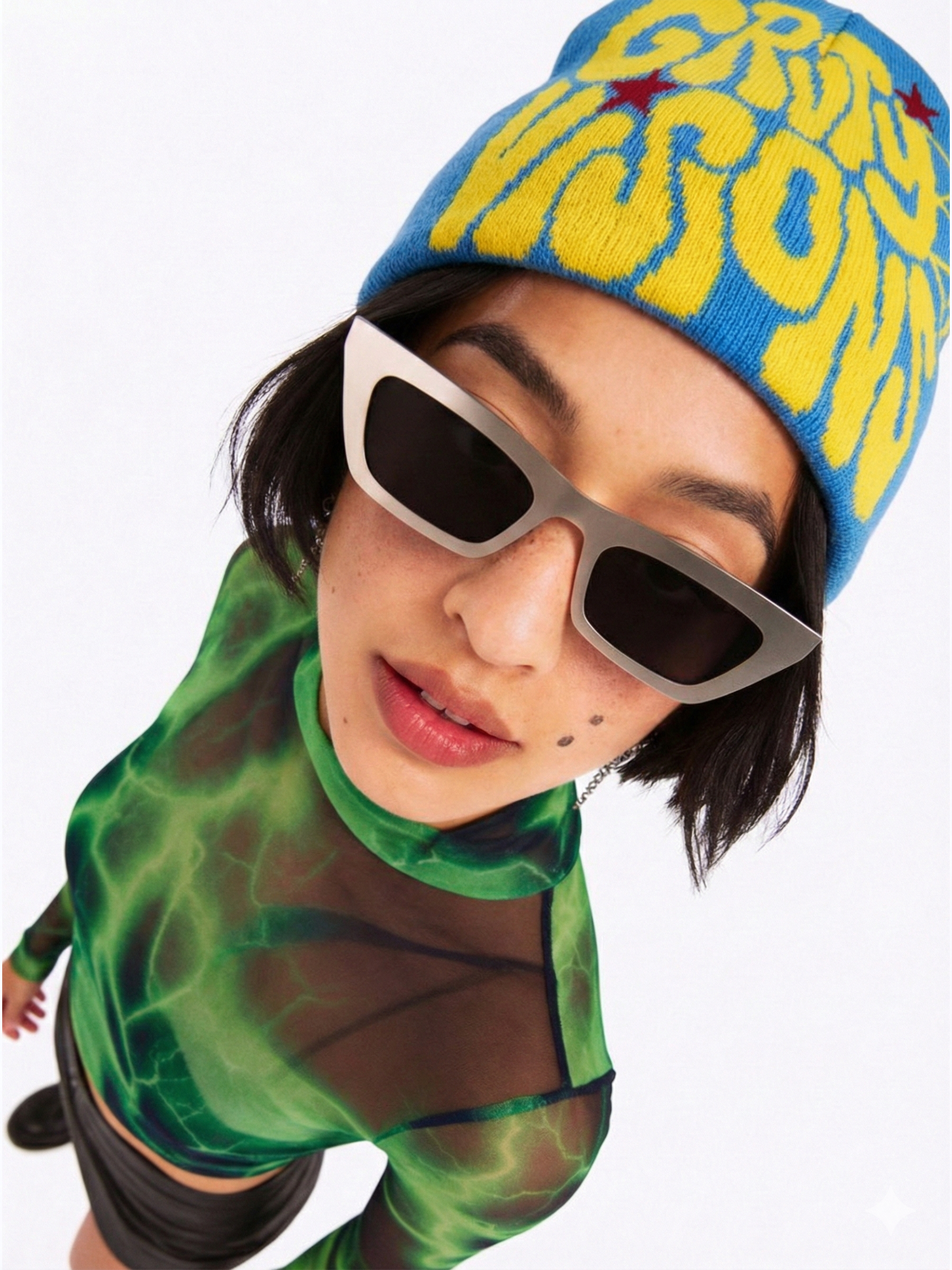 Gravity Visions Y2K Oversized Logo Beanie - Spiderweb Jacquard Knit Winter Hat Streetwear-Knotfolks