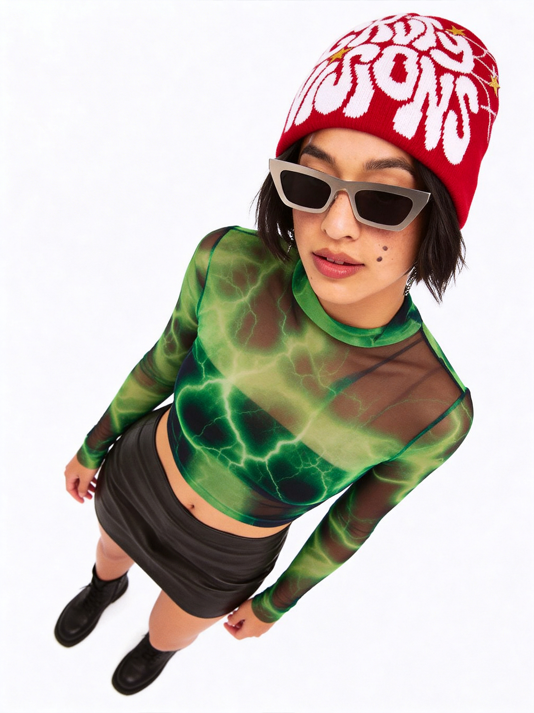 Gravity Visions Y2K Oversized Logo Beanie - Spiderweb Jacquard Knit Winter Hat Streetwear-Knotfolks