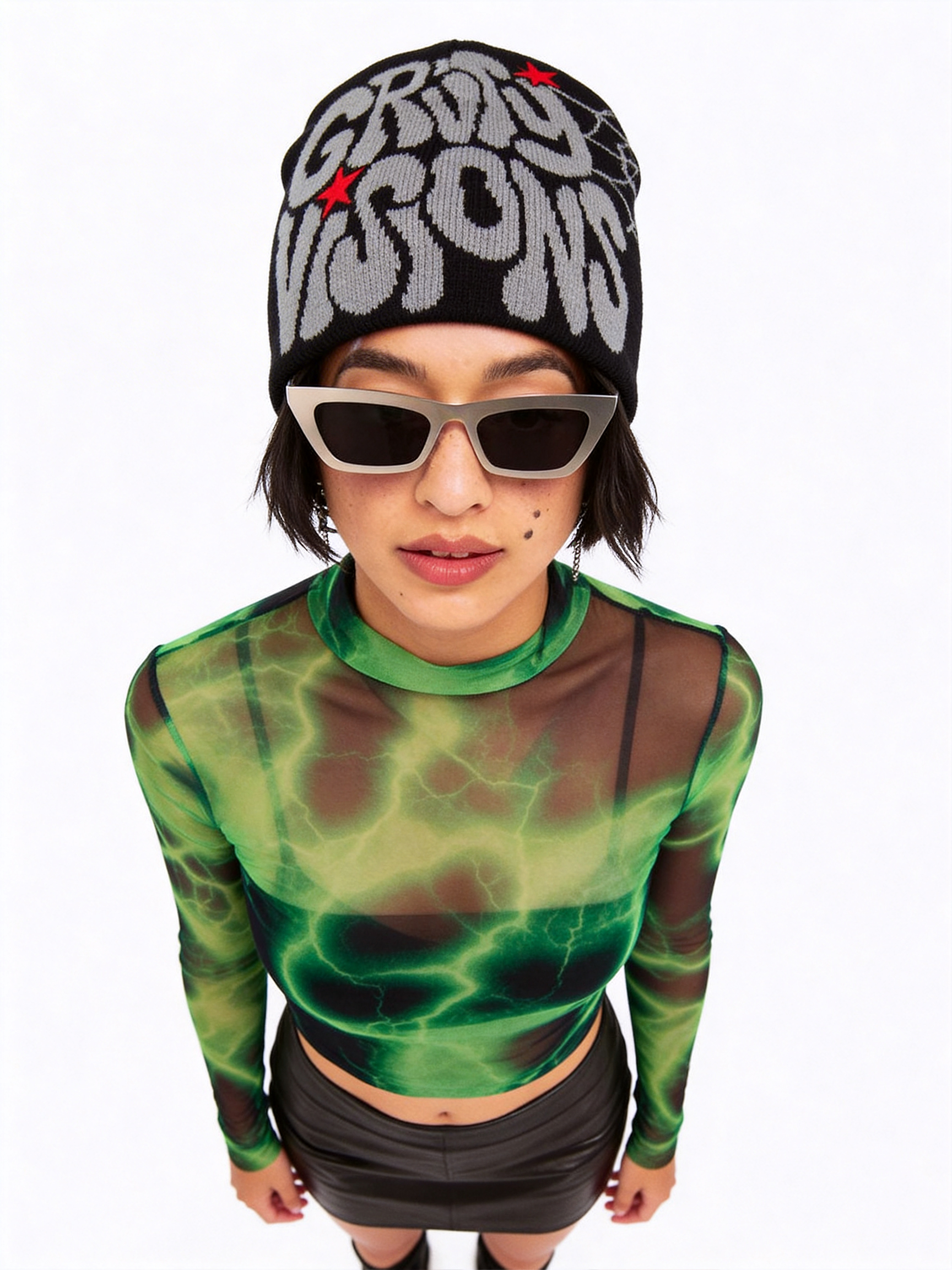 Gravity Visions Y2K Oversized Logo Beanie - Spiderweb Jacquard Knit Winter Hat Streetwear-Knotfolks