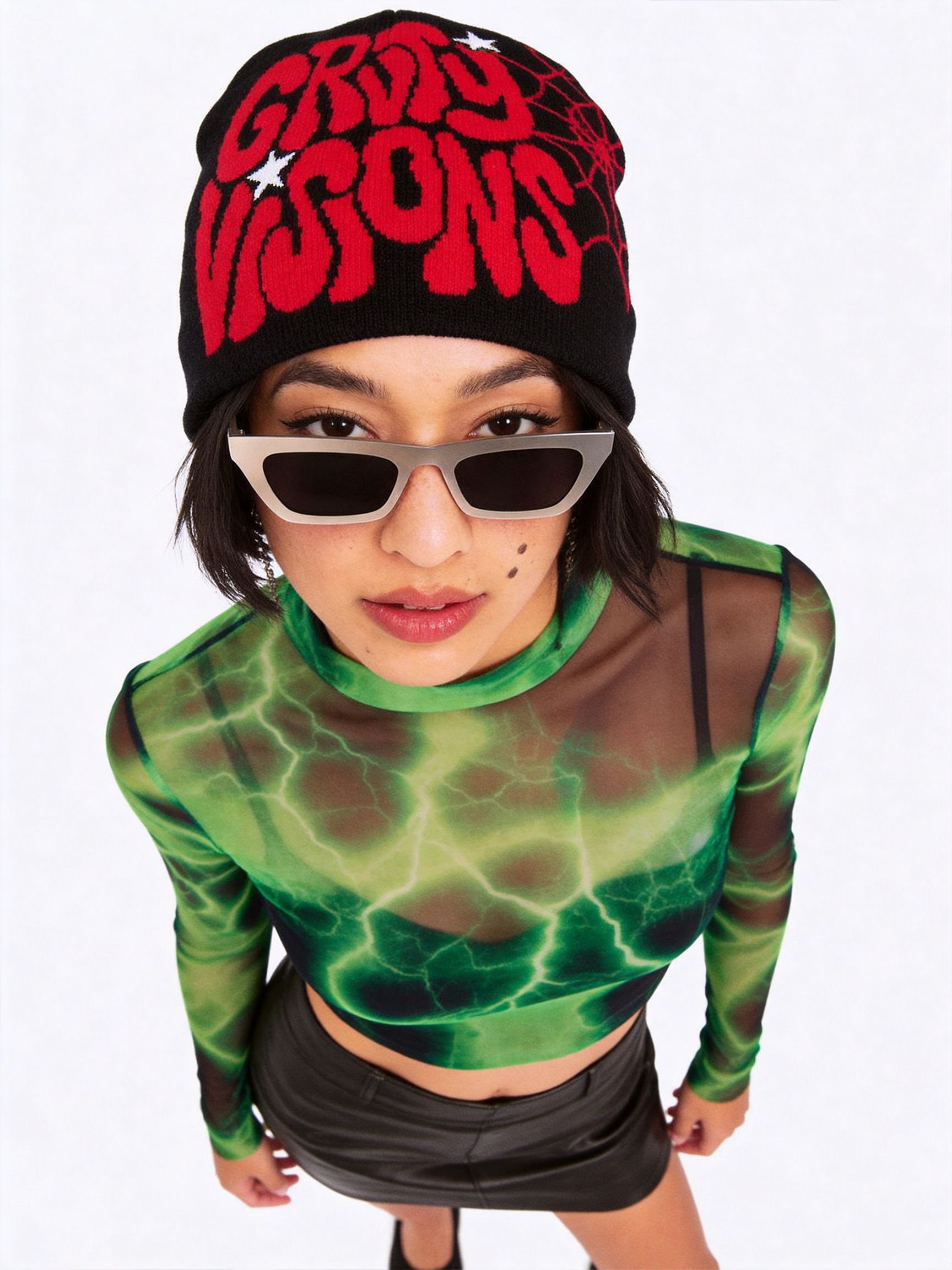 Gravity Visions Y2K Oversized Logo Beanie - Spiderweb Jacquard Knit Winter Hat Streetwear-Knotfolks