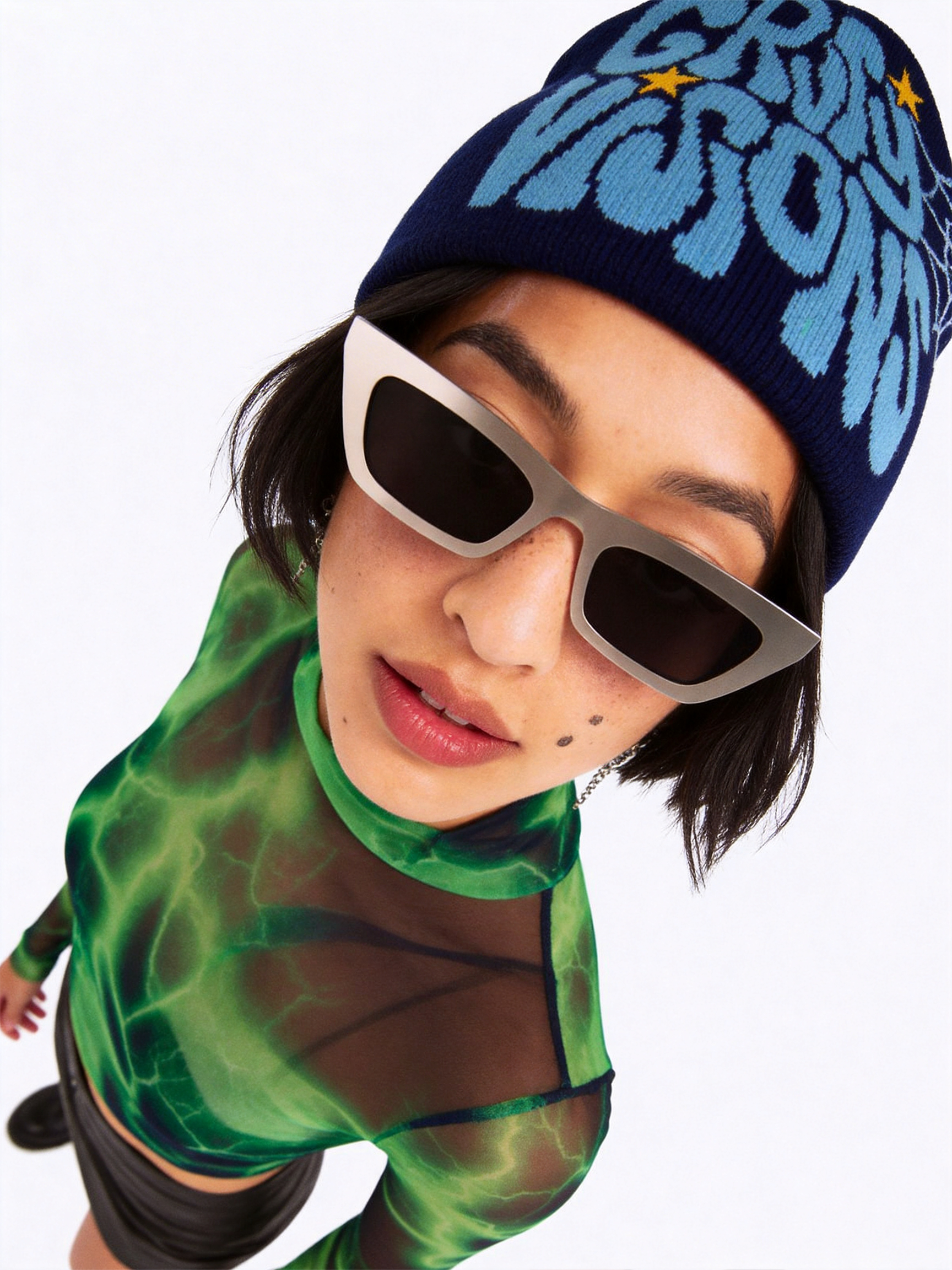 Gravity Visions Y2K Oversized Logo Beanie - Spiderweb Jacquard Knit Winter Hat Streetwear-Knotfolks