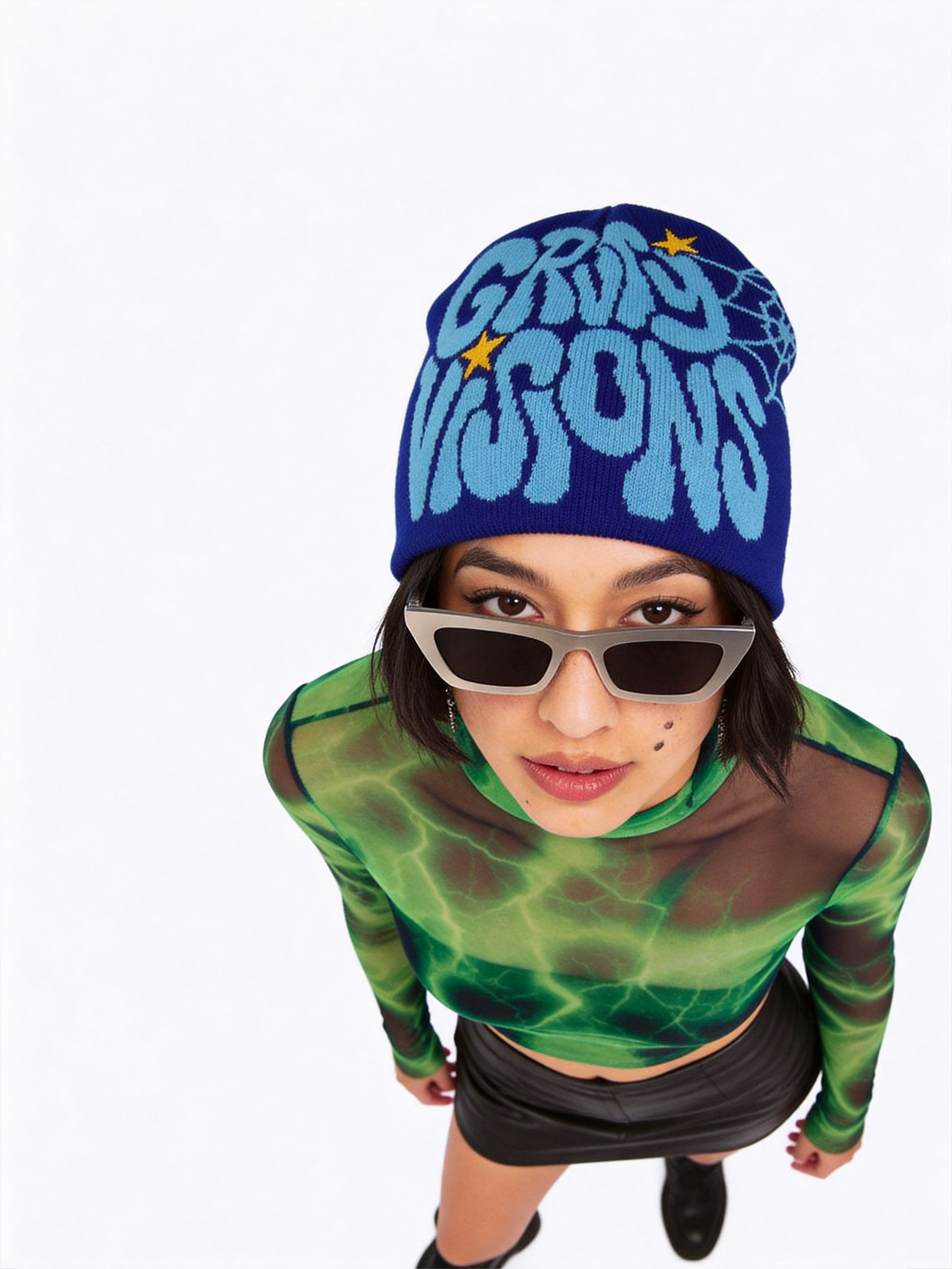 Gravity Visions Y2K Oversized Logo Beanie - Spiderweb Jacquard Knit Winter Hat Streetwear-Knotfolks