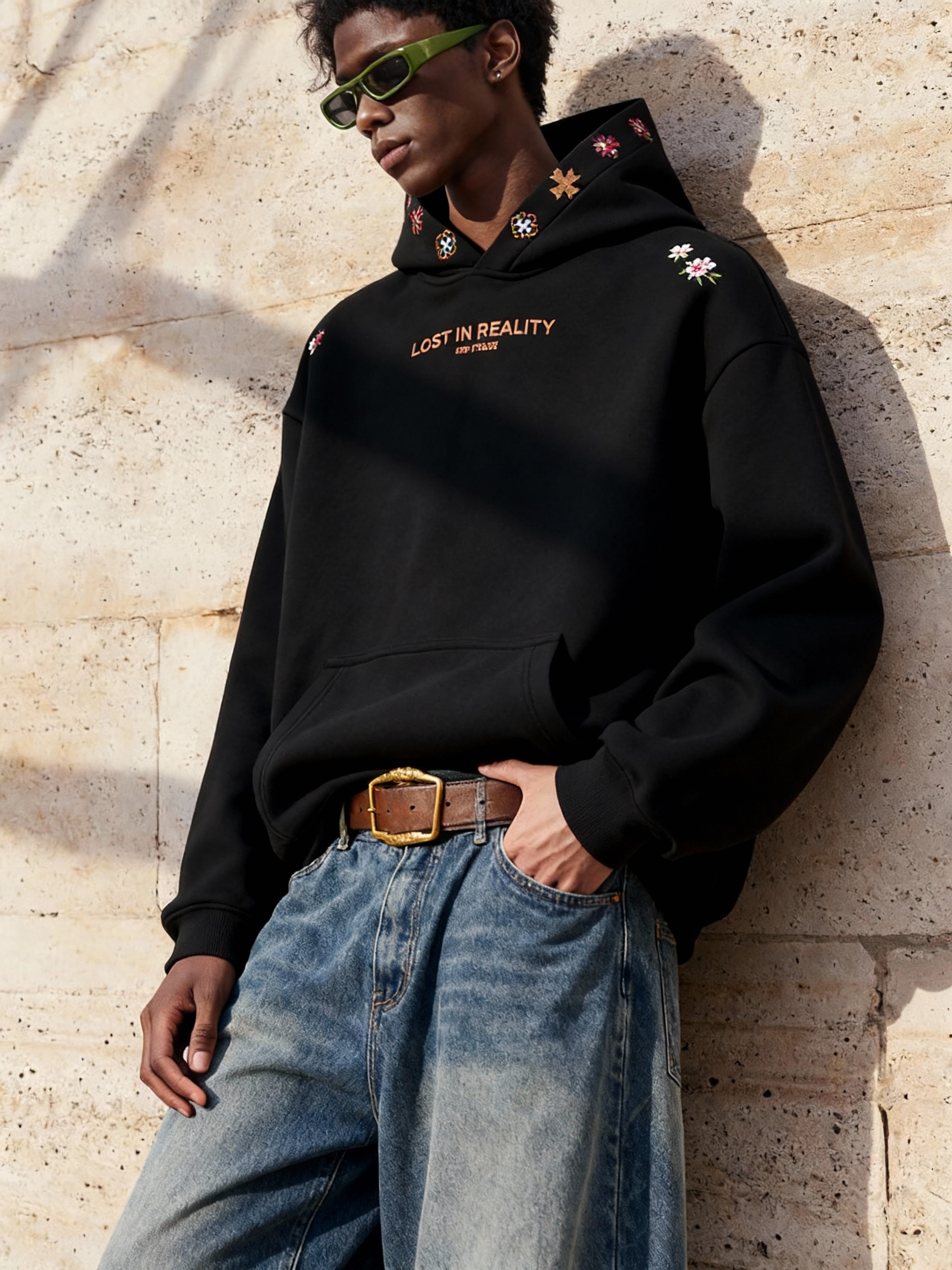 Vintage Oversized Embroidered Hoodie - Lost in Reality Graphic-Knotfolks