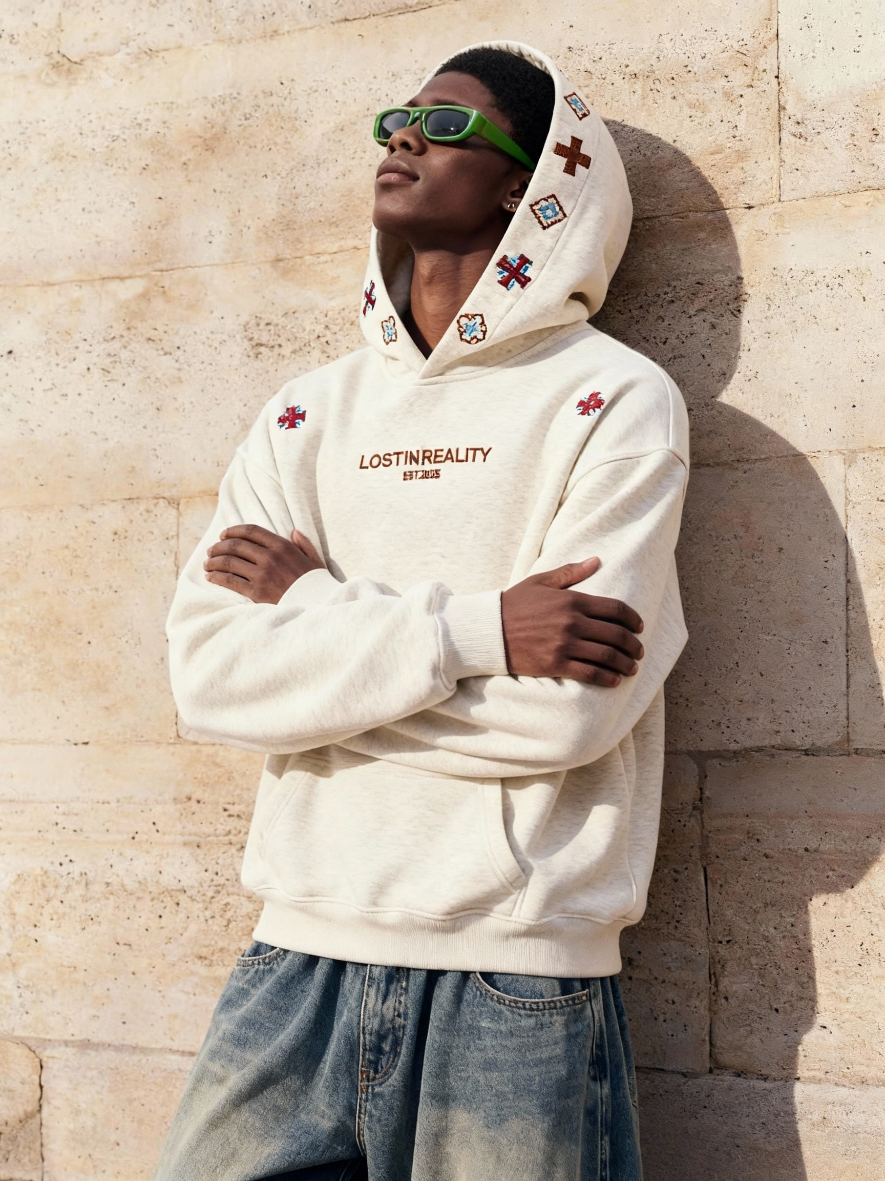 Vintage Oversized Embroidered Hoodie - Lost in Reality Graphic-Knotfolks