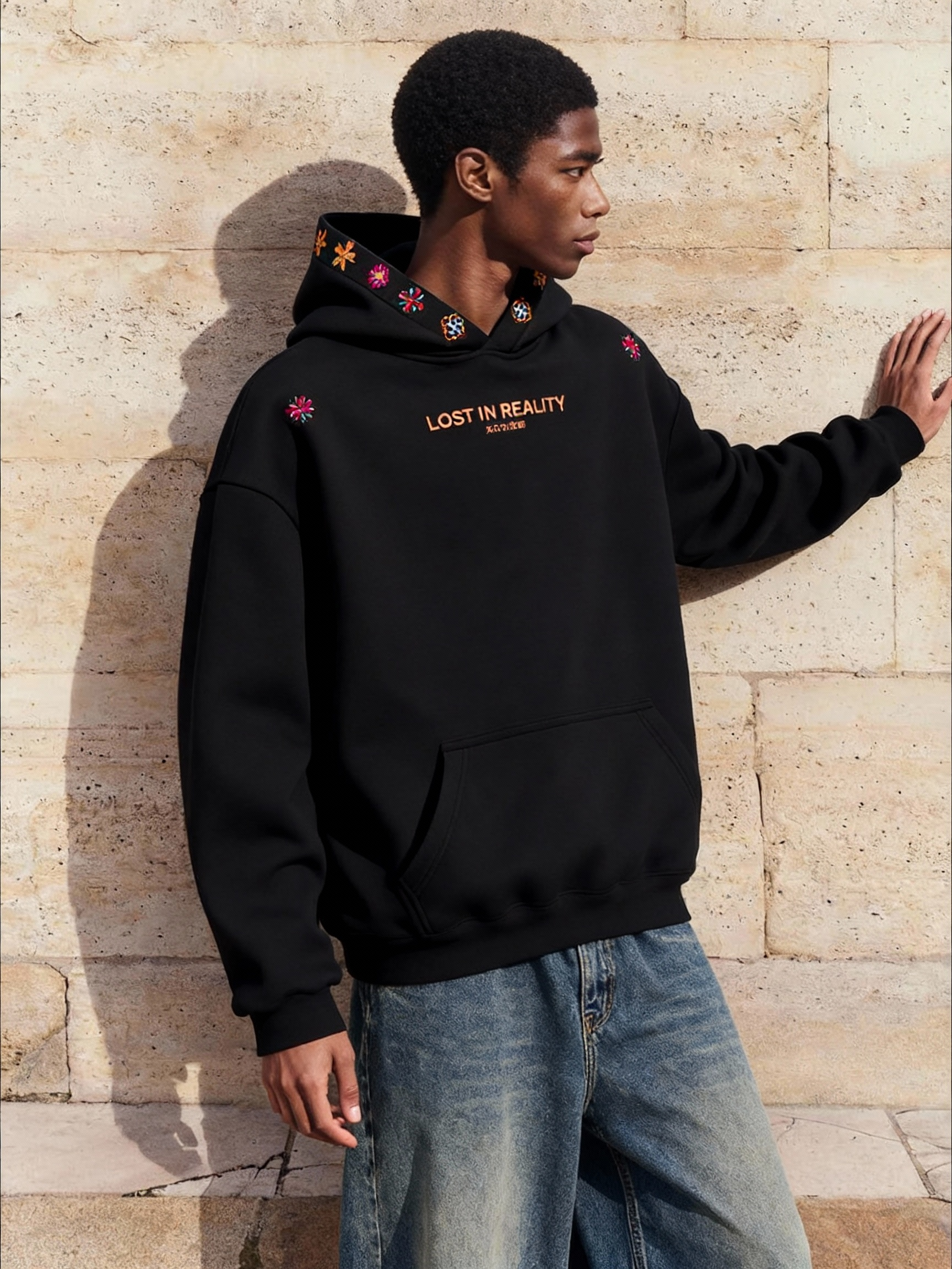 Vintage Oversized Embroidered Hoodie - Lost in Reality Graphic-Knotfolks