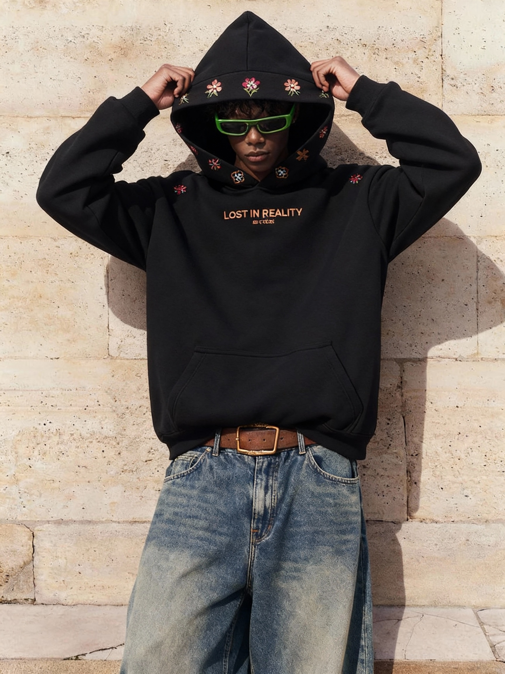 Vintage Oversized Embroidered Hoodie - Lost in Reality Graphic-Knotfolks