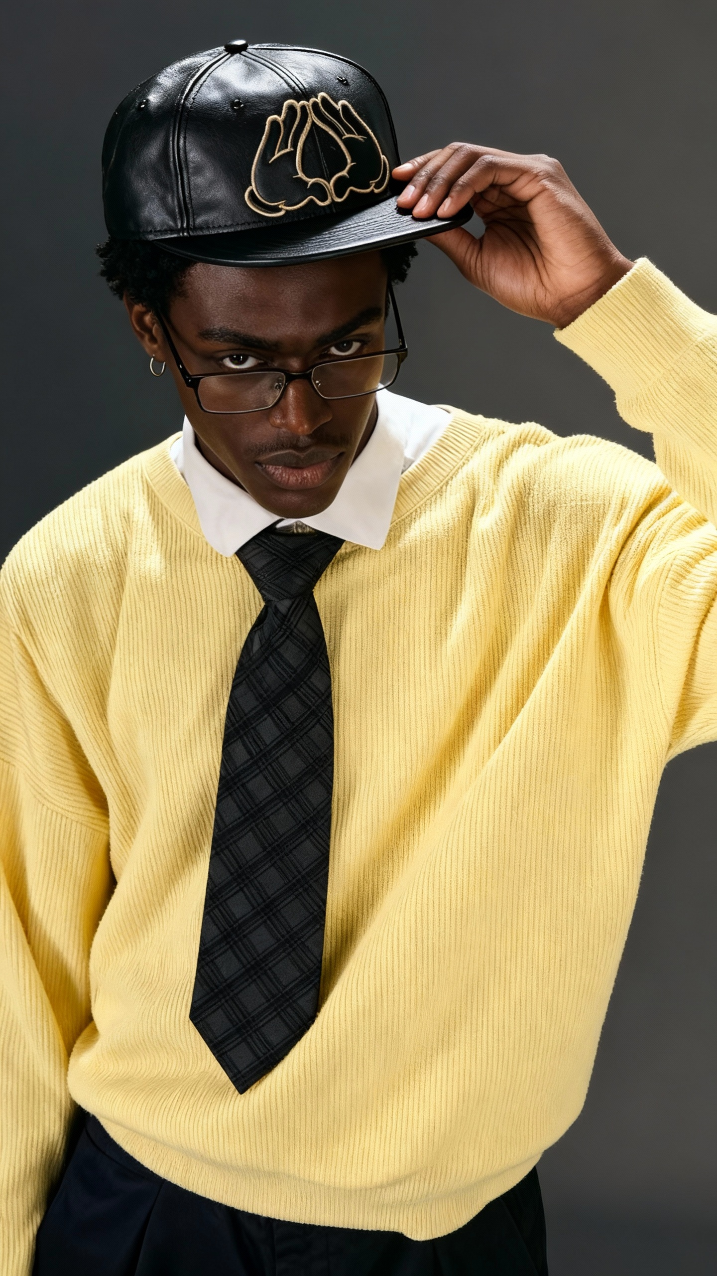 Male model wearing a black faux leather flat brim cap with gold praying hands embroidery, urban streetwear fashion.