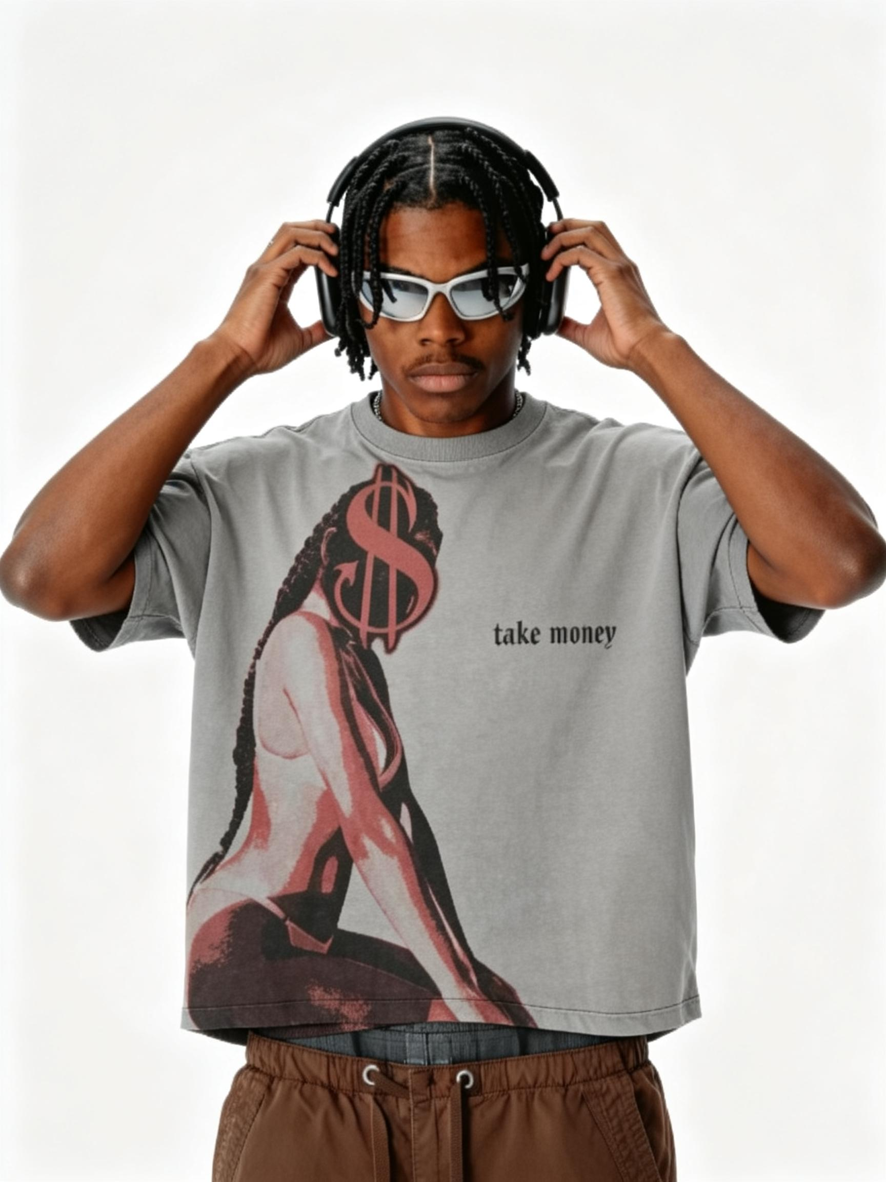 Vintage Washed "Take Money" Silhouette Graphic Tee | Distressed Urban Streetwear Shirt