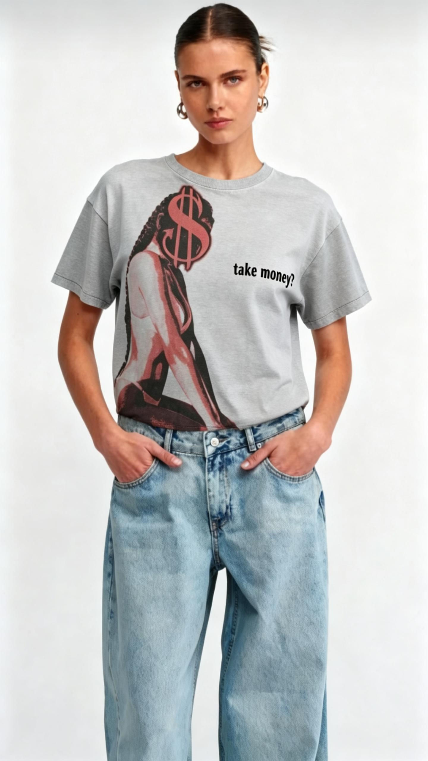 Vintage Washed "Take Money" Silhouette Graphic Tee | Distressed Urban Streetwear Shirt