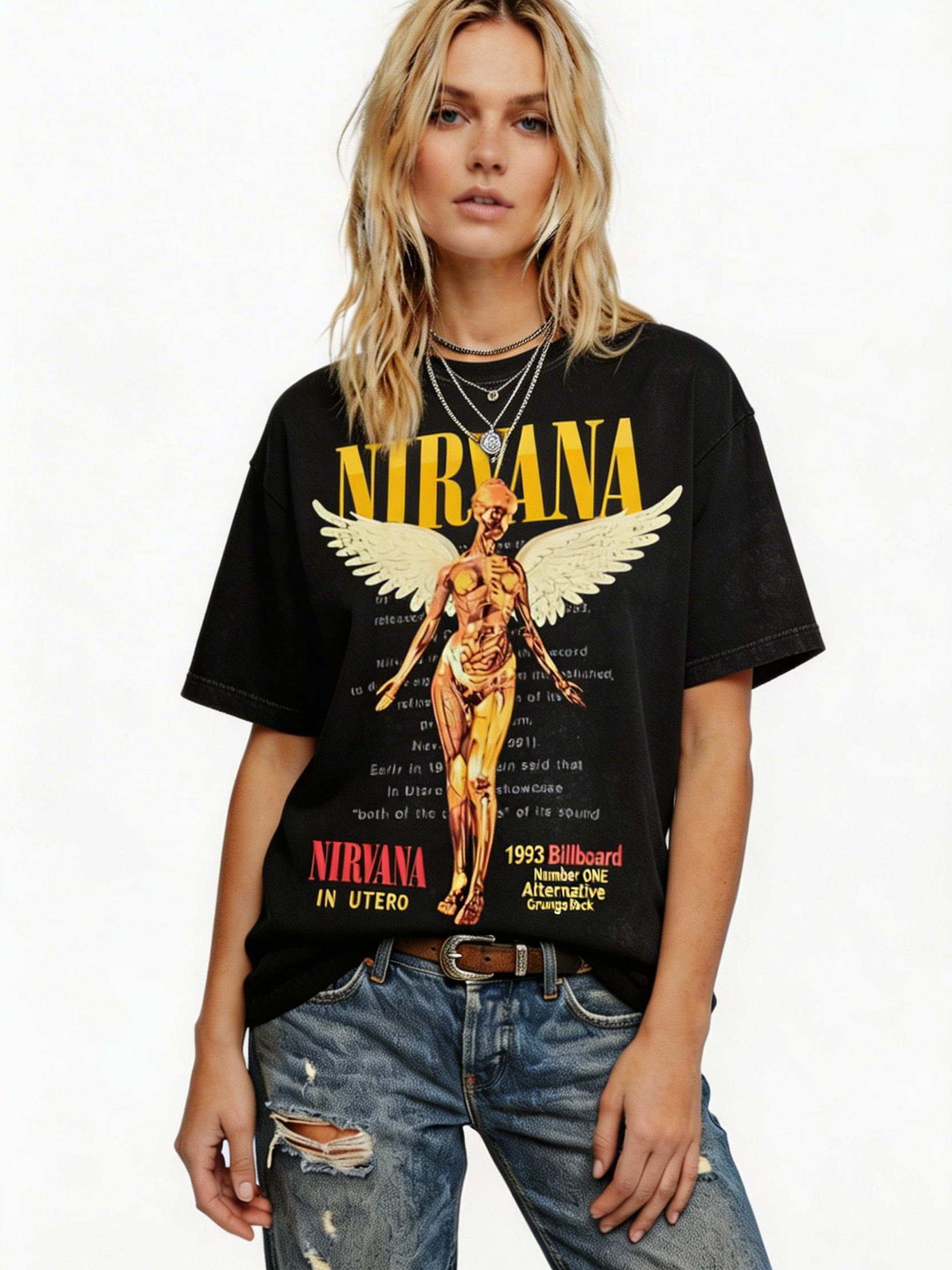 Nirvana "In Utero" Angel Graphic T-Shirt - Vintage Acid Wash Oversized Tee-Knotfolks