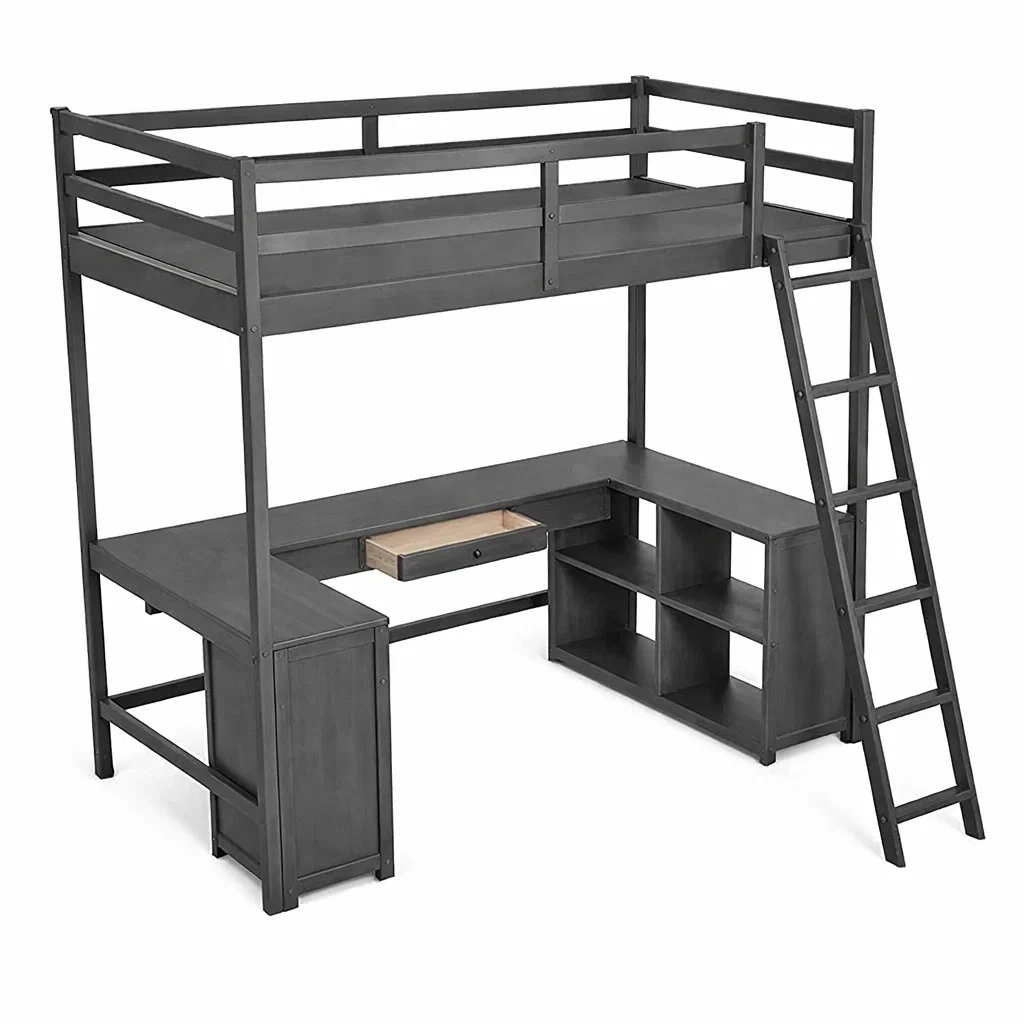 Hochbett mit Schreibtisch und Regal aus Metall in Anthrazit 200 x 90 x 180 cm-Sofioma