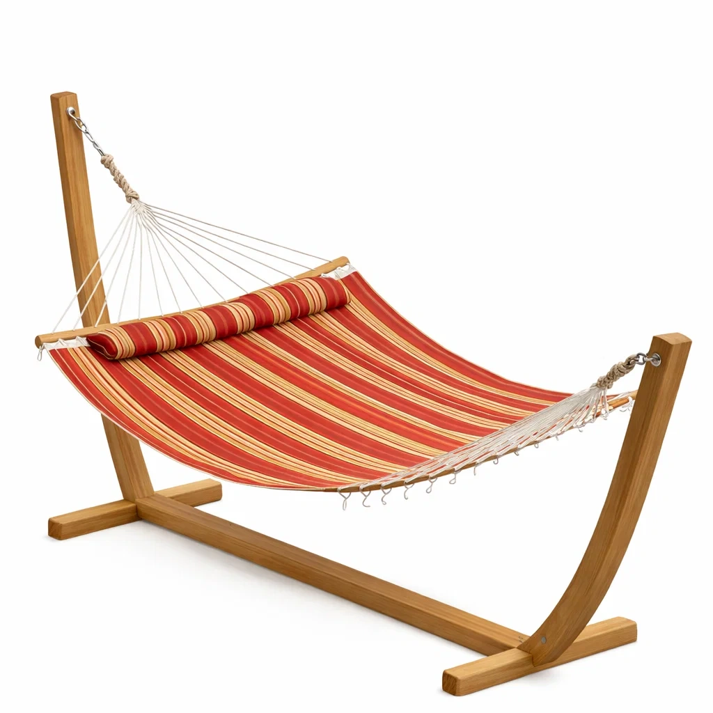 Hängematte mit Holzrahmen aus Baumwolle Rot/Orange gestreift-Sofioma