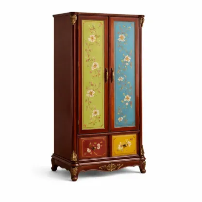 Kleiderschrank Massivholz 2 Türen 2 Schubladen Blumenmuster 180 cm x 90 cm x 50 cm-Sofioma