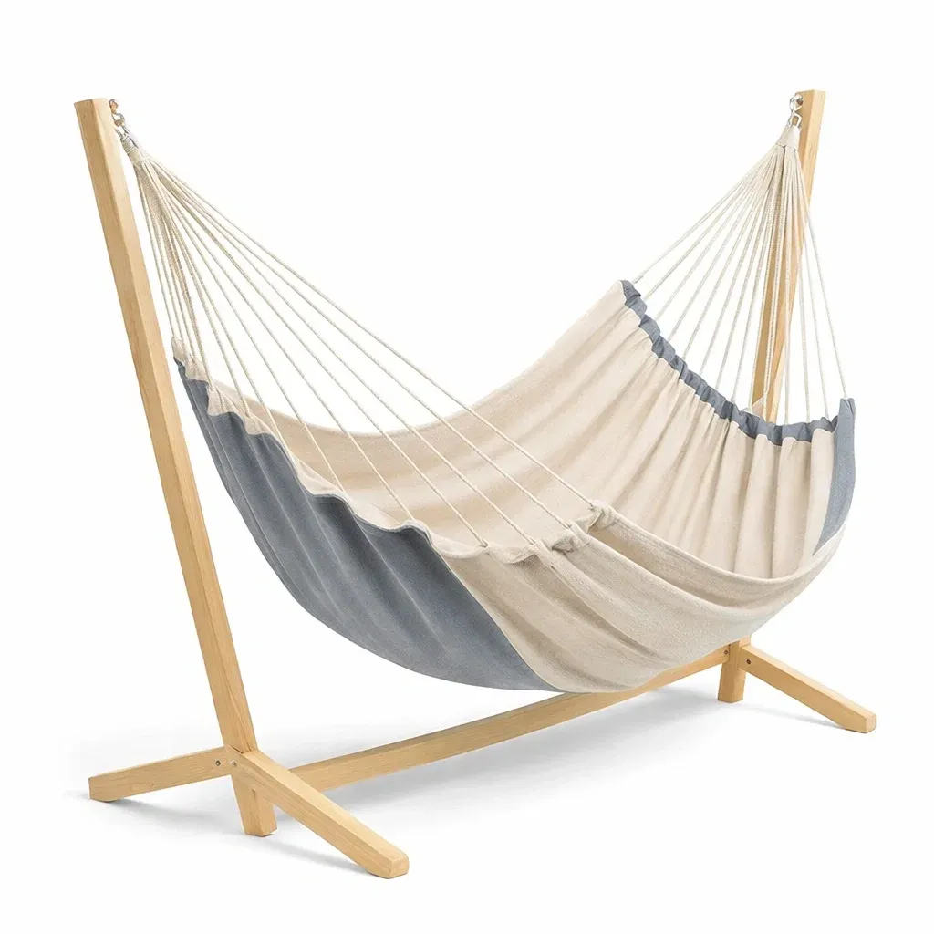 Hängematte aus Baumwollstoff Beige/Grau mit Holzgestell-Sofioma