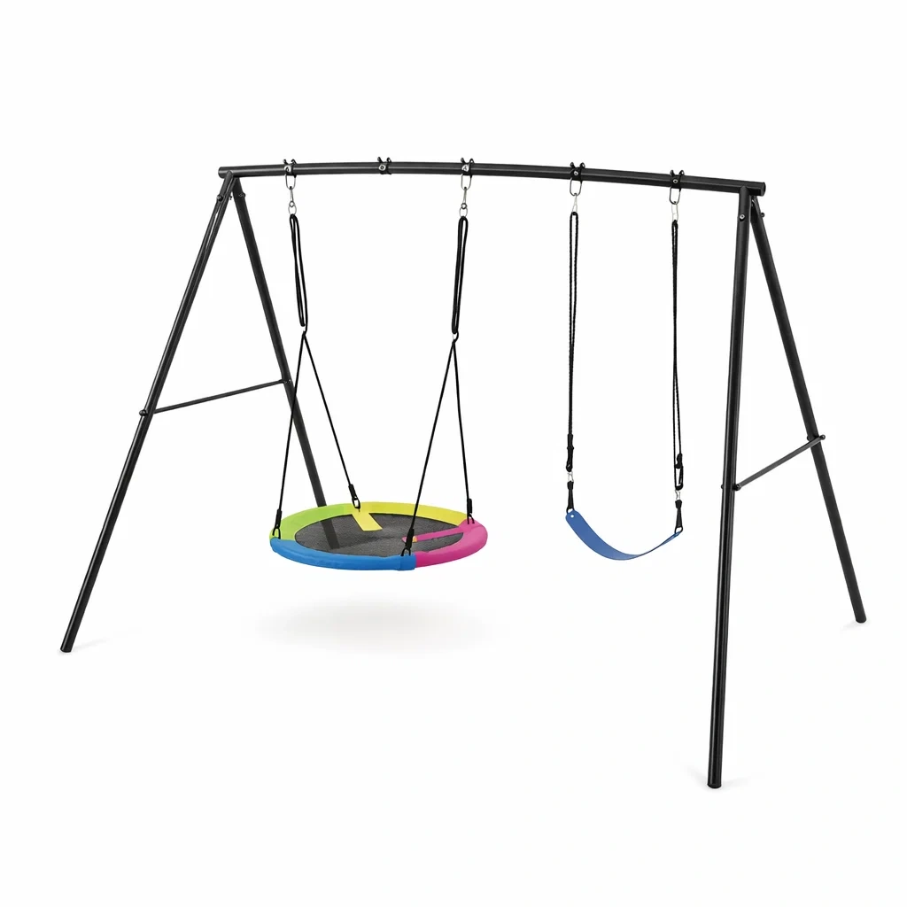 Kinderschaukel Set Metallgestell mit Nestschaukel Kunststoff Mehrfarbig-Sofioma