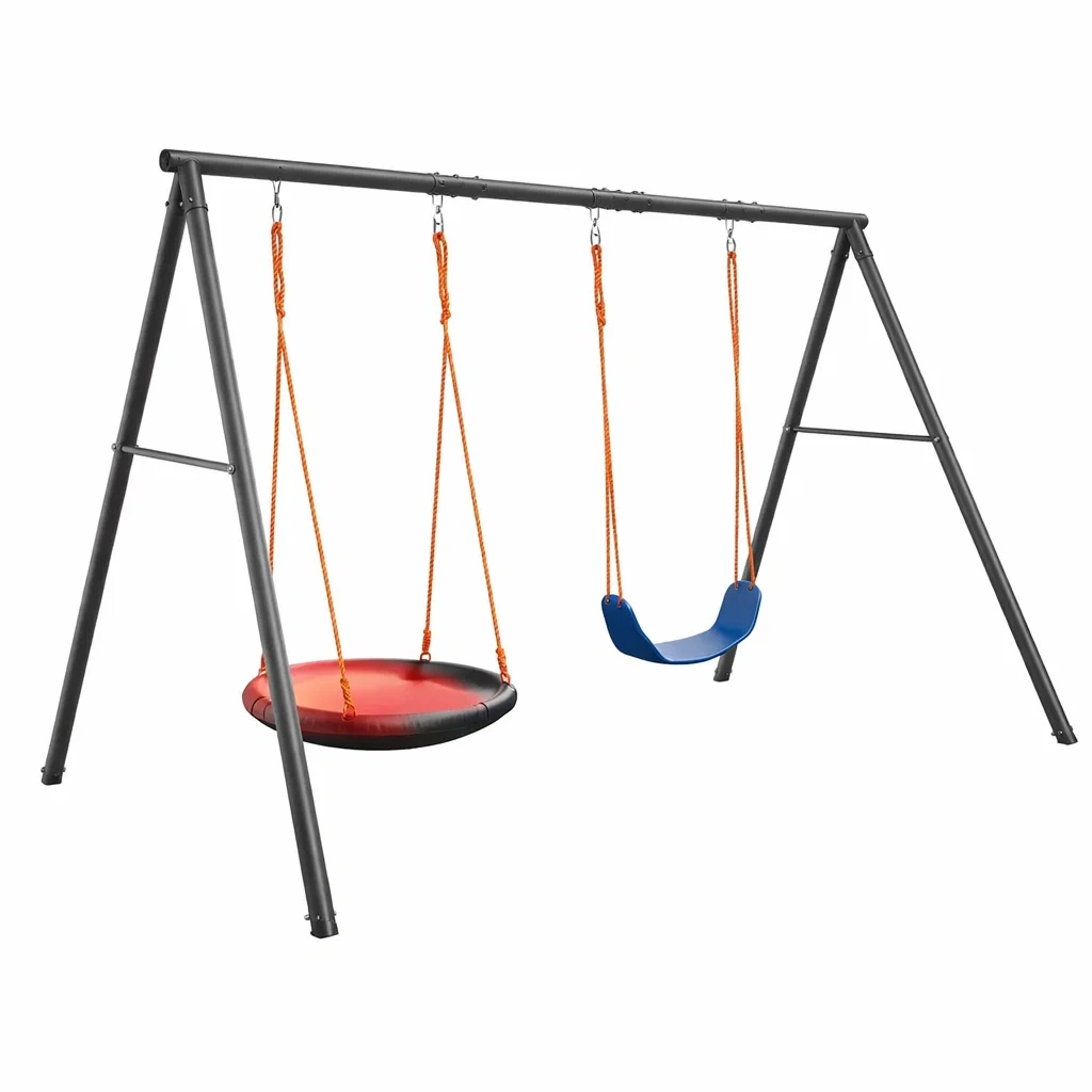 Kinderschaukelgestell mit Nestschaukel und Brettschaukel aus Stahl 240 x 145 x 178 cm Schwarz/Rot/Blau-Sofioma