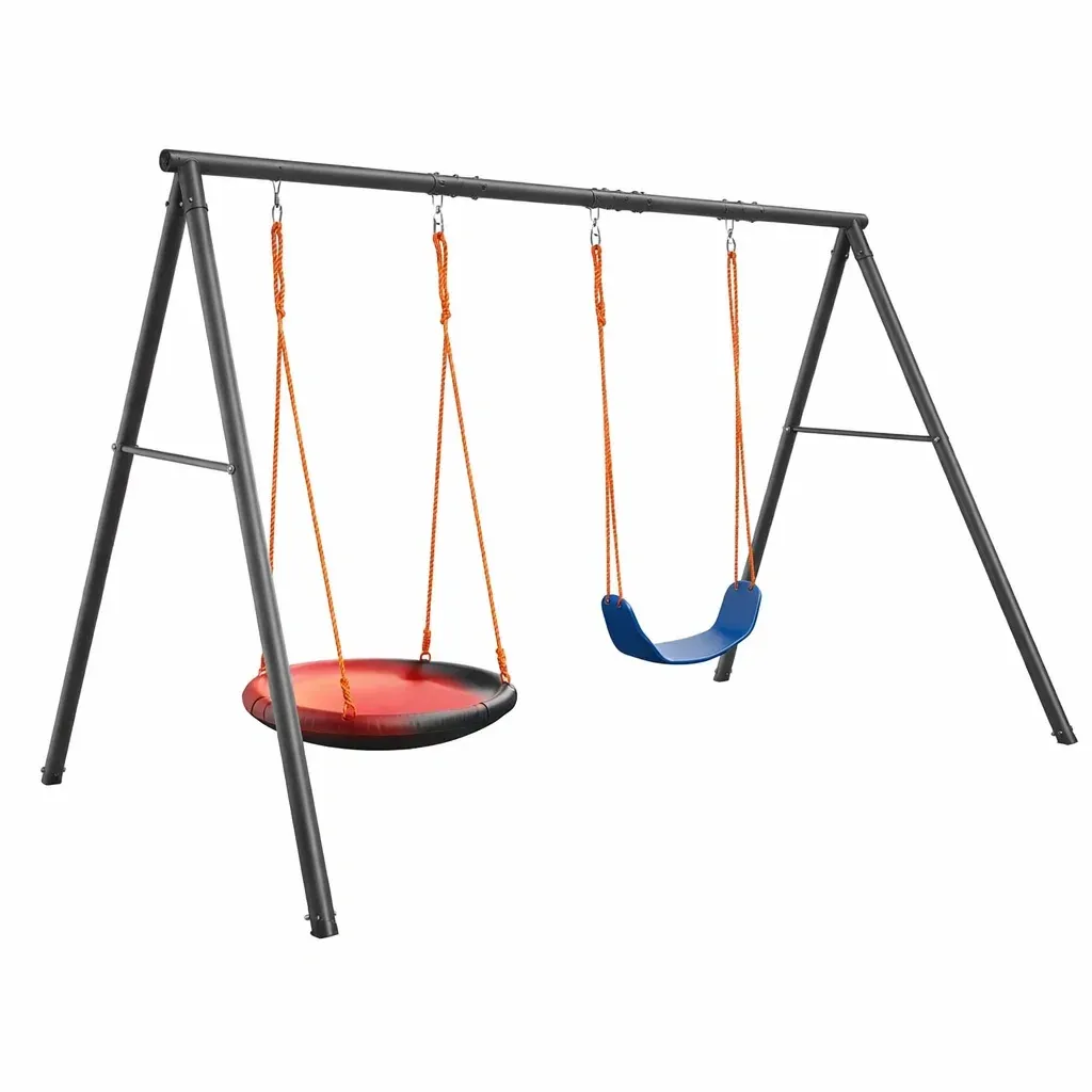 Kinderschaukelgestell mit Nestschaukel und Brettschaukel aus Stahl 240 x 145 x 178 cm Schwarz/Rot/Blau-Sofioma