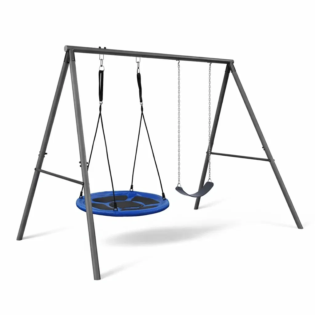 Metall Kinderschaukelset mit Nest- und Brettschaukel Schwarz Blau 182 x 155 x 190 cm-Sofioma