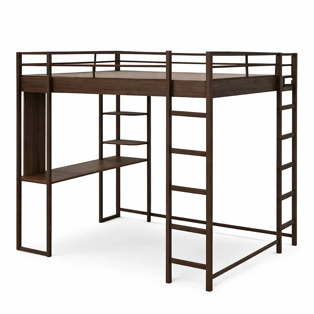 Hochbett aus Stahl und Holz mit Schreibtisch und Regalen Dunkelbraun-Sofioma