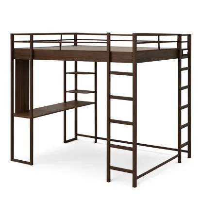 Hochbett aus Stahl und Holz mit Schreibtisch und Regalen Dunkelbraun-Sofioma