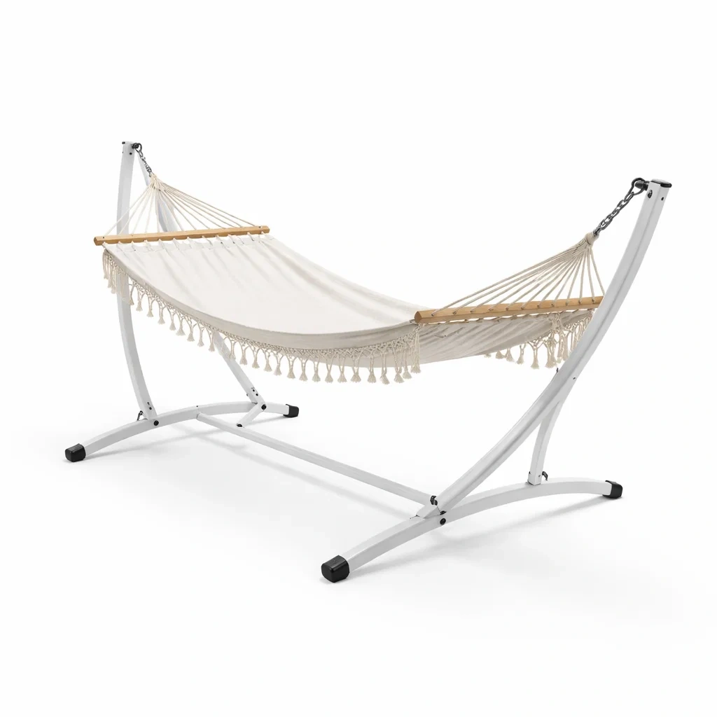 Hängematte mit Stahlgestell und Baumwolle 320 cm Cremeweiß-Sofioma