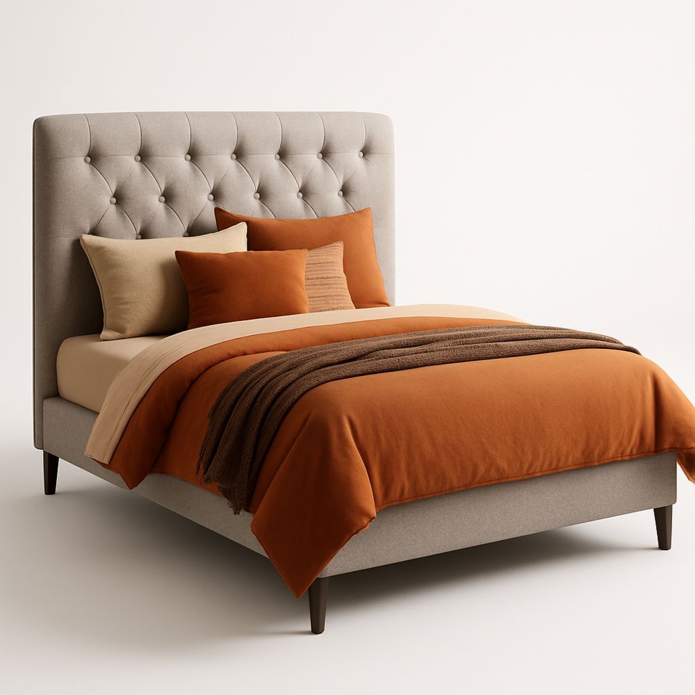 Upholstered King Bed Frame with Linen Fabric and Button Tufted Headboard in Beige-Bloompadds