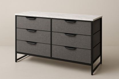 Grey Marble Top Metal Frame Chest of 6 Fabric Drawers 120cm-Bloompadds