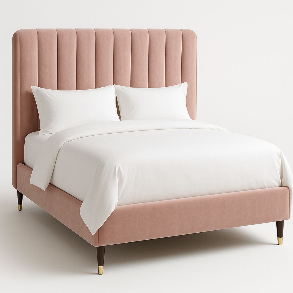 Queen Bed Frame Velvet Upholstered with Vertical Channel Headboard Pink-Bloompadds