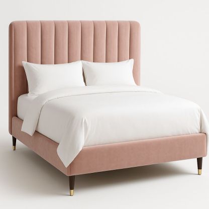 Queen Bed Frame Velvet Upholstered with Vertical Channel Headboard Pink-Bloompadds