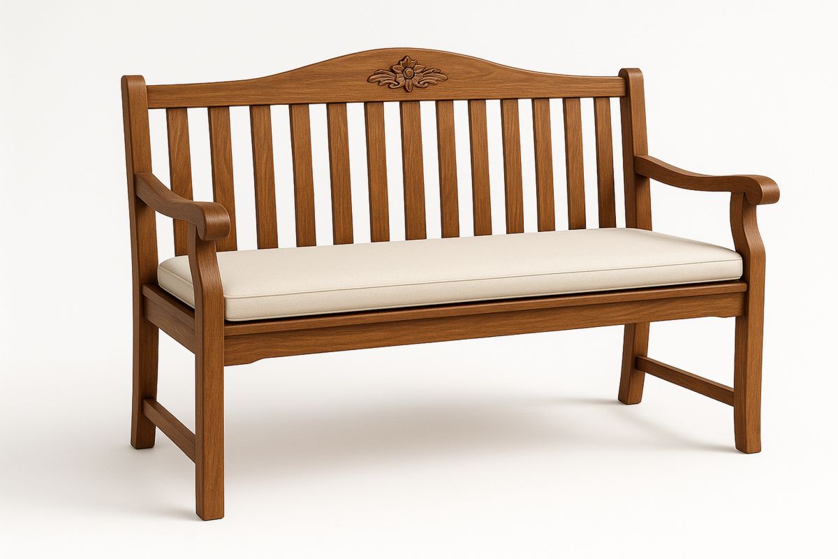 Wooden Bench with Cushion Timber Frame Slatted Back Beige Seat-Bloompadds