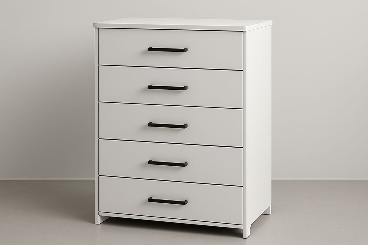White 5-Drawer Wooden Chest with Black Handles-Bloompadds