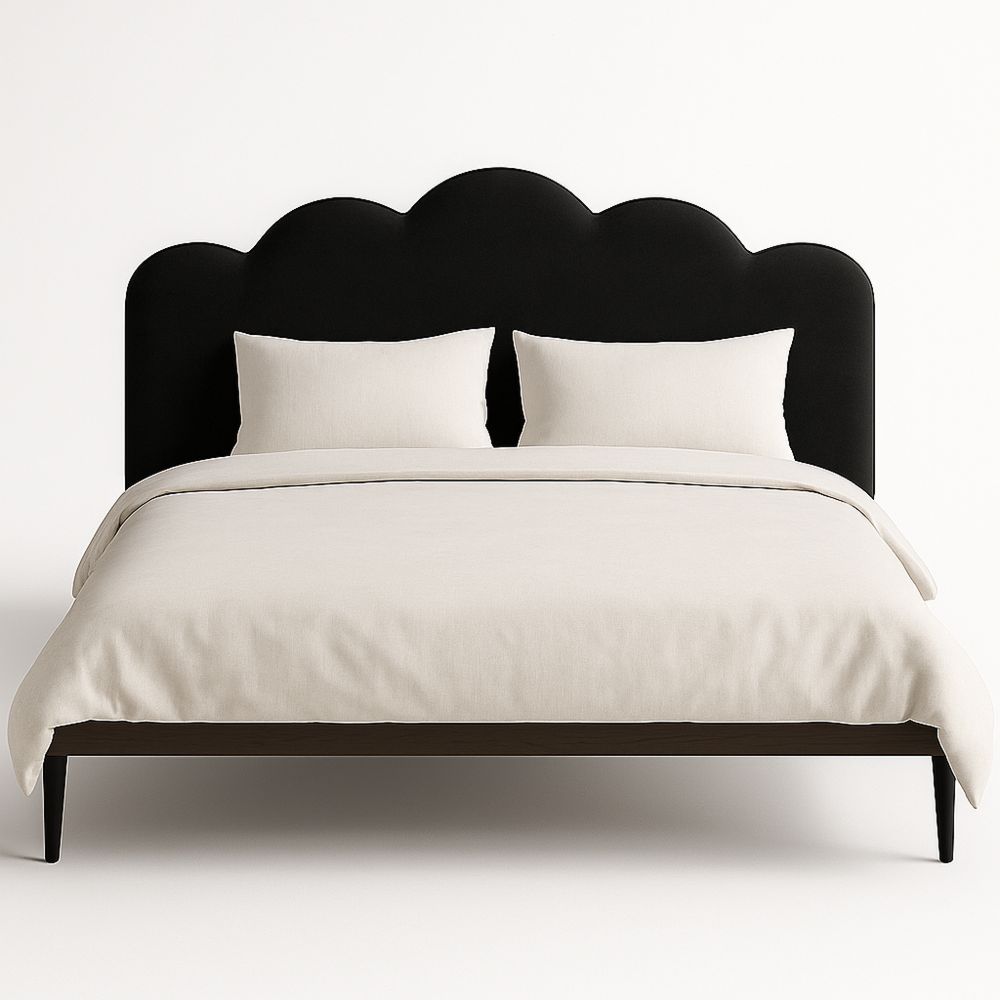 King Bed with Scalloped Velvet Headboard in Black and Cream-Bloompadds