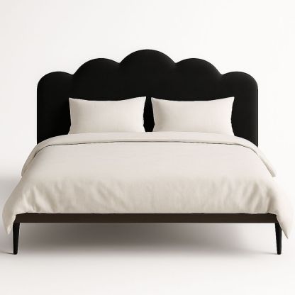 King Bed with Scalloped Velvet Headboard in Black and Cream-Bloompadds