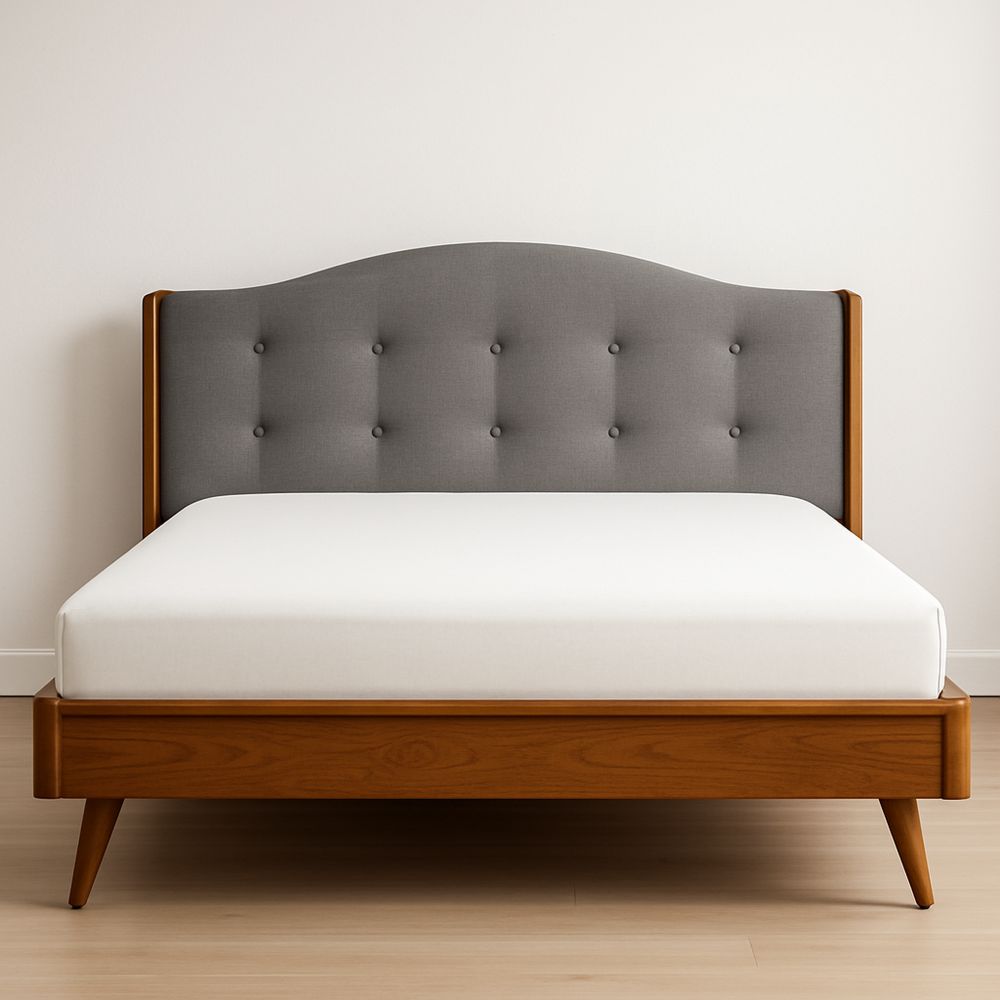 Queen Size Upholstered Bed Frame with Wood and Grey Fabric Headboard-Bloompadds