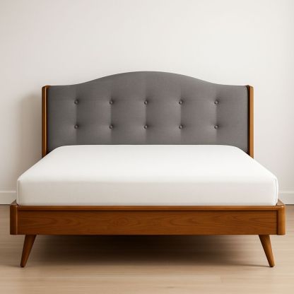 Queen Size Upholstered Bed Frame with Wood and Grey Fabric Headboard-Bloompadds