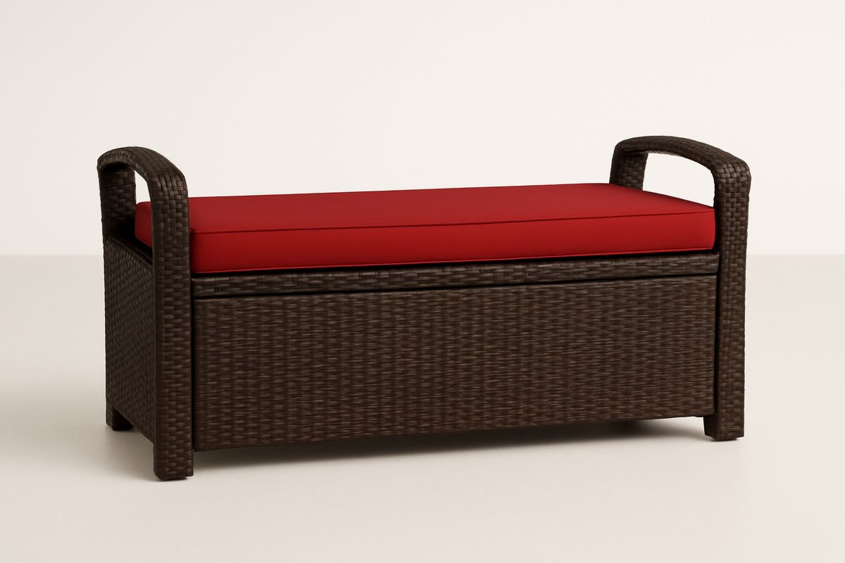 Outdoor Rattan Storage Bench with Cushion Brown/Red 120cm-Bloompadds